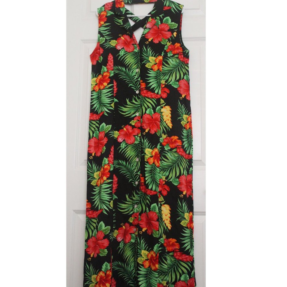 Vintage R&K Hawaiian Maxi Button Front Hibiscus Palm Black Beach Vacation Aloha
